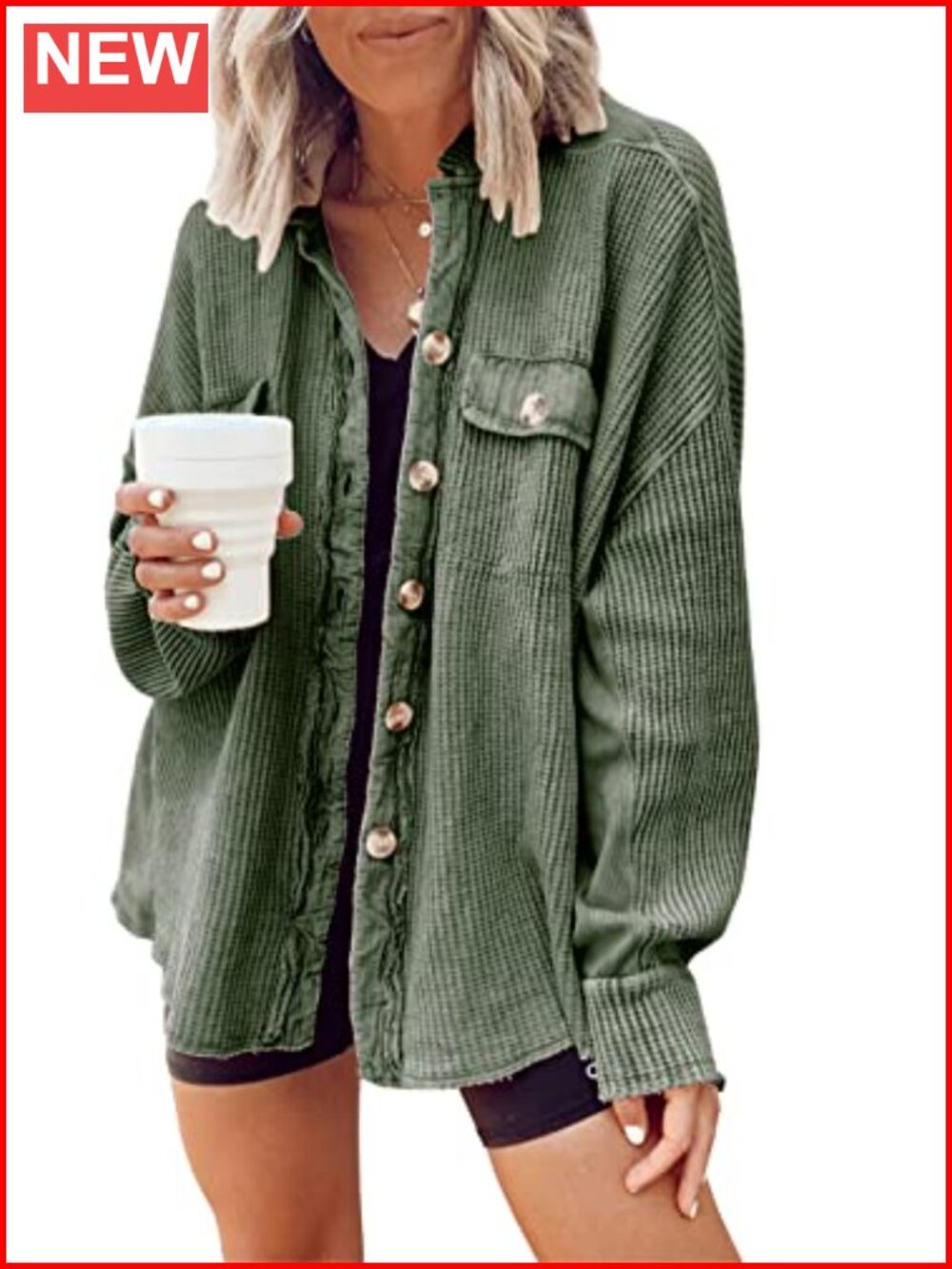 Waffle Knit Button Down Shirt Oversized Batwing Sleeve Shacket